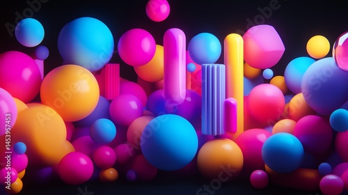 3D render of a vibrant, abstract composition featuring numerous colorful spheres and geometric shapes.