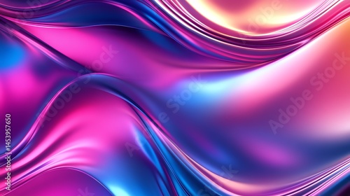 3D render of fluid, dynamic waves in vibrant pink, blue, and gold, creating a sense of motion and depth.