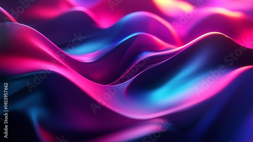 3D render of flowing, iridescent waves in vibrant pink and blue hues against a dark background.
