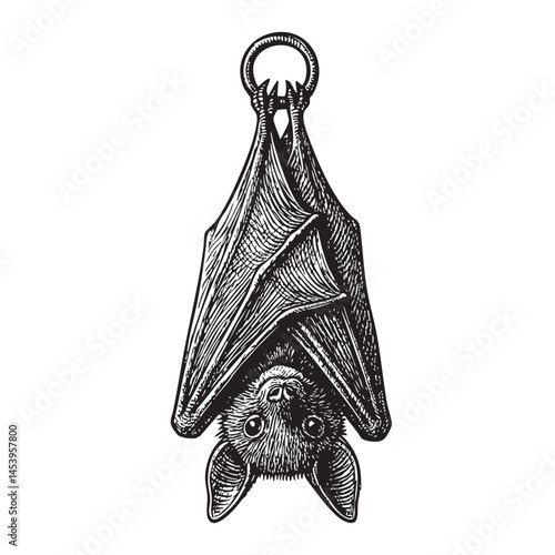 bat hanging upside down on stone woodcut engraving vector illustration
