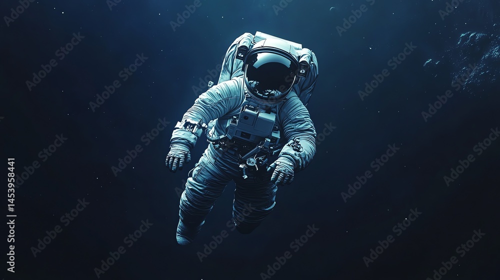 Digital illustration of an astronaut suspended in a dark, watery environment. Digital illustration of an astronaut suspended in a dark, watery environment.