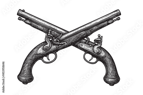 Crossed vintage Pistol Guns woodcut engraving vector illustration