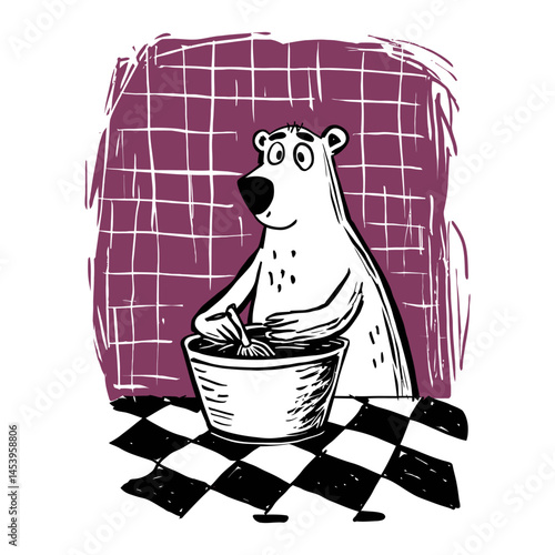Charming Hand-Drawn Illustration of a Bear Preparing Food