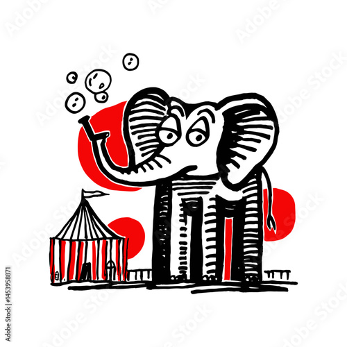 Whimsical Hand-Drawn Elephant with Circus Tent and Bubbles in Doodle Style