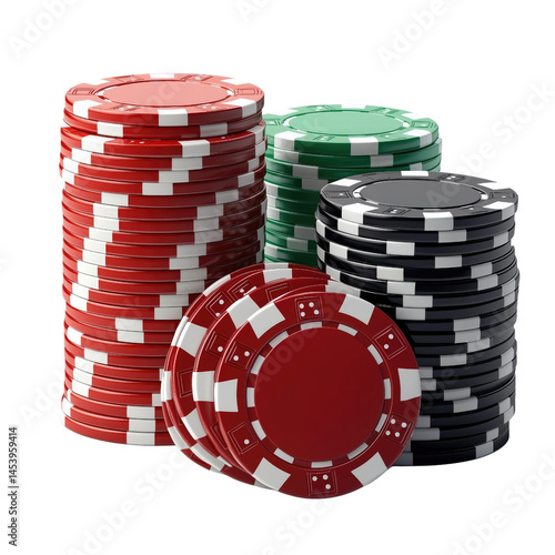 Stacks of red and black poker chips on a white or transparent background