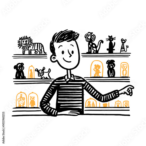 Hand-drawn illustration of a man with pets in a cozy shop