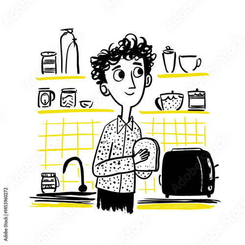 Hand-drawn Doodle of a Person in a Kitchen with Toast and Utensils