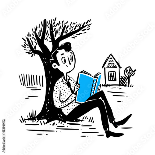 Hand Drawn Illustration of Person Reading Beneath a Tree