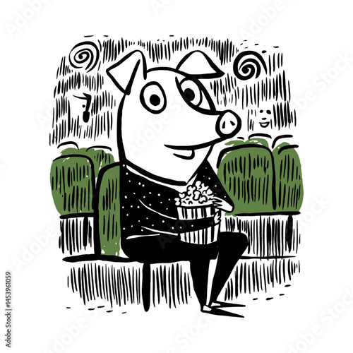 Charming Hand-Drawn Doodle of a Pig Enjoying Popcorn in a Theater