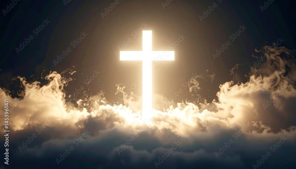 Ethereal white cross of light beams down from a rift in wispy, golden hued clouds. Religious symbol of faith, hope, and spirituality concept. Ethereal white cross of light beams down from a rift in wispy, golden hued clouds. Religious symbol of faith, hope, and spirituality concept.
