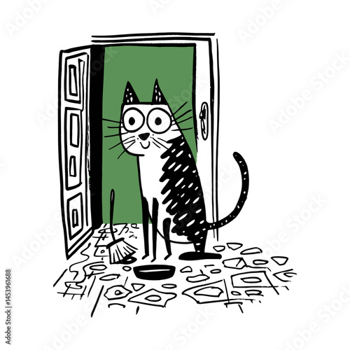 Playful Hand-Drawn Doodle of a Cat at an Open Doorway