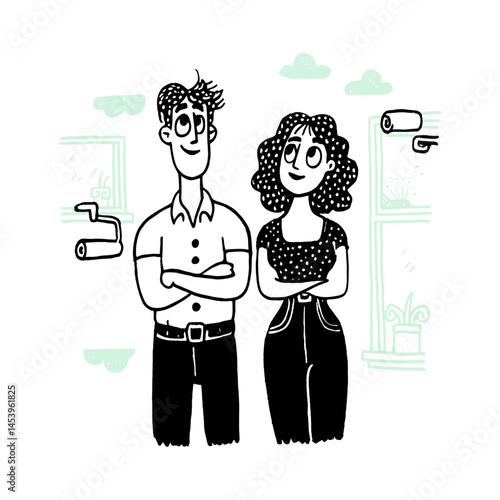 Hand-Drawn Doodle Illustration of a Couple with Paint Tools
