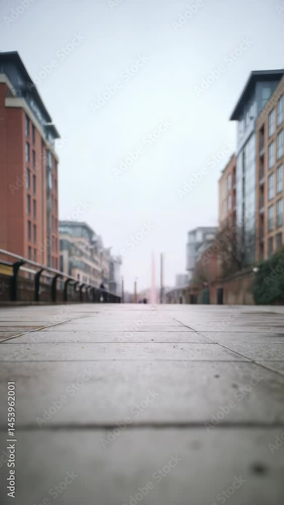 Empty urban walkway pavement on overcast day between buildings leading to distant figures and street lights, with blurred background Empty urban walkway pavement on overcast day between buildings leading to distant figures and street lights, with blurred background
