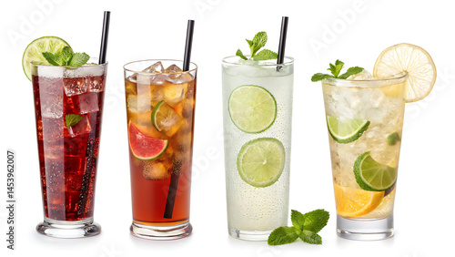 A stunning collection of transparent PNGs featuring iconic cocktails: Cuba Libre, Long Island Iced Tea, Mojito, Paloma, Tequila Sunrise, and Screwdriver. Each vibrant, refreshing drink .