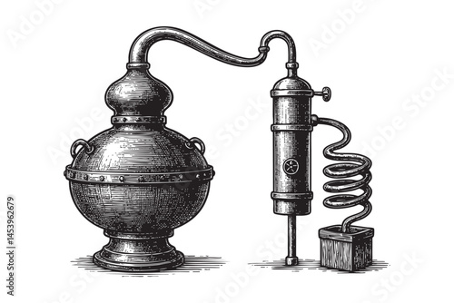 distilled whiskey machine woodcut engraving vector illustration