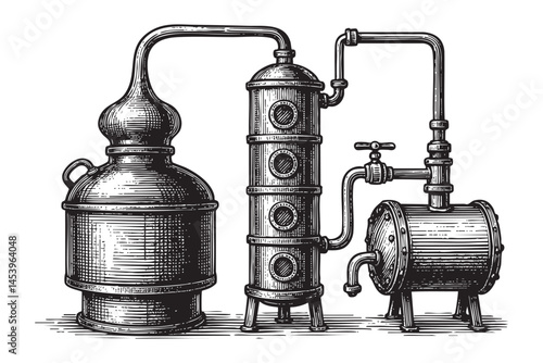 opper tanks for distillation of alcohol woodcut engraving vector illustration