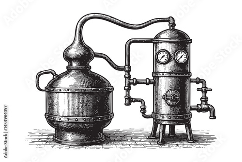 opper tanks for distillation of alcohol woodcut engraving vector illustration