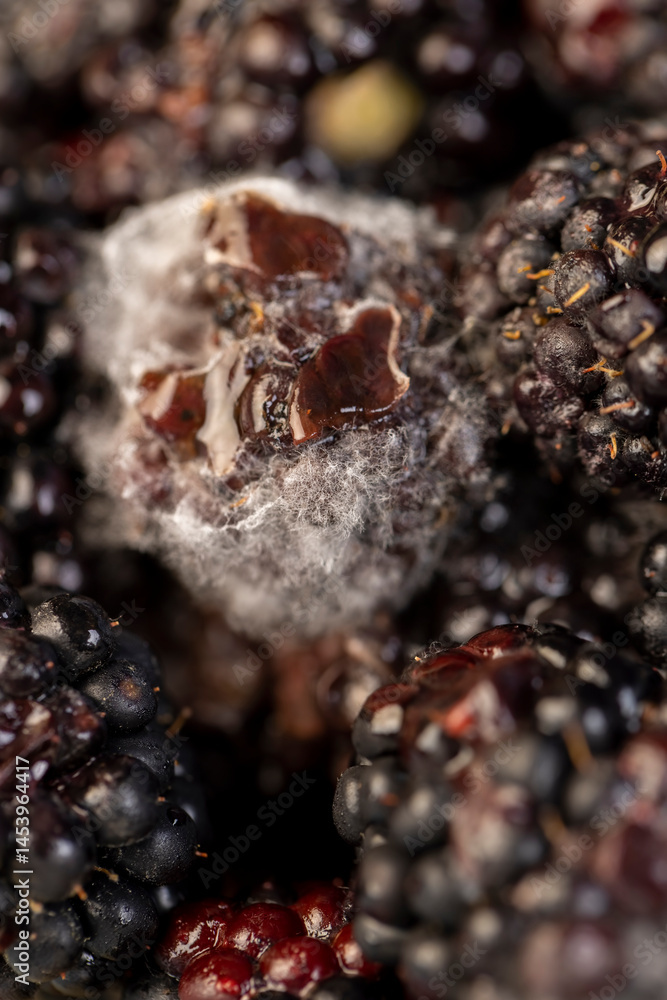 spoiled blackberries covered with mold, food products naturally grown blackberries, close up