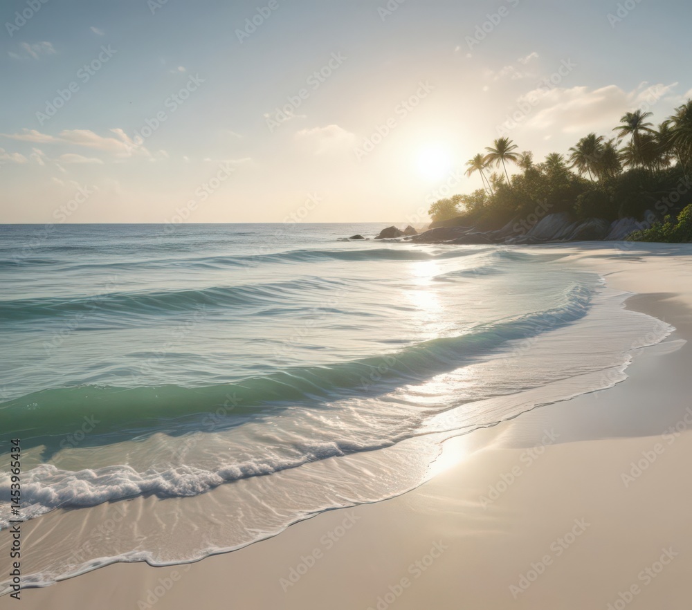 Obraz premium White sand beach, gentle waves breaking, distant green island silhouette , water, coastal, silhouette