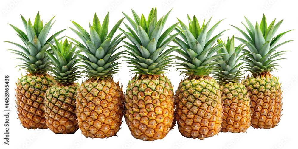 A vibrant group of pineapples arranged on a plain background with white backdrop A vibrant group of pineapples arranged on a plain background with white backdrop