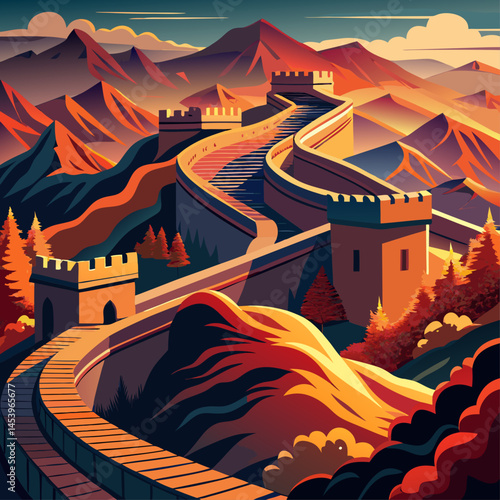 A painting of a mountain range with a long wall in the middle. The wall is orange and brown