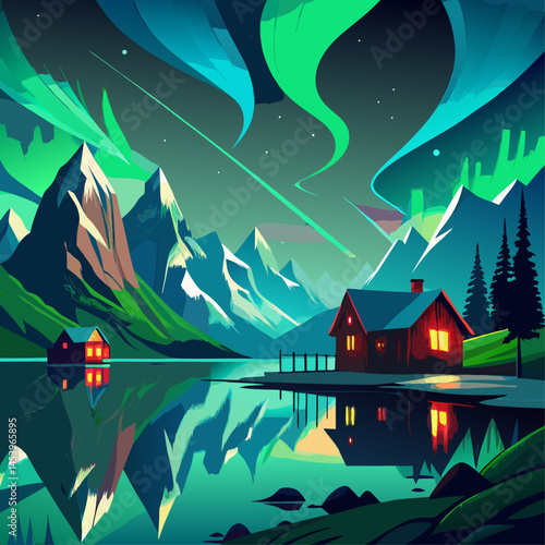 A serene landscape with a house and a lake. The house is red and has a chimney. The sky is filled with auroras and the mountains are in the background