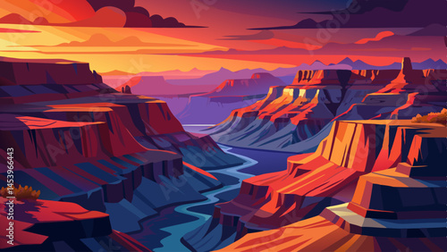 A beautiful landscape of a canyon with a river running through it. The sky is orange and the mountains are in the background