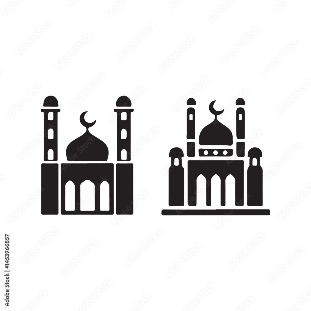 Simple black and white illustration of two mosques.This image presents two stylized, black silhouette mosque designs on a white background. Simple black and white illustration of two mosques.This image presents two stylized, black silhouette mosque designs on a white background.