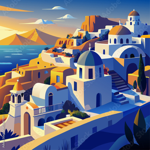 The painting depicts a picturesque town with a blue sky and a body of water in the background. The town is filled with white buildings, including a church and a few other structures