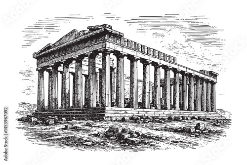 Parthenon Athens Greece woodcut engraving vector illustration