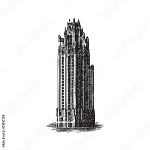 Tribune Tower, Chicago, USA woodcut engraving vector illustration