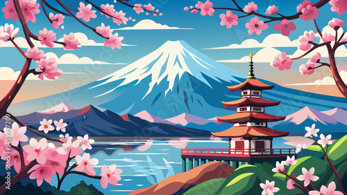 A mountain with a temple in the background and a pink cherry blossom tree in the foreground. The scene is serene and peaceful