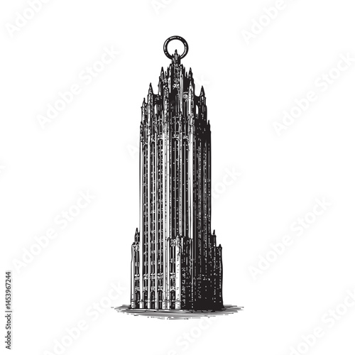 Tribune Tower, Chicago, USA woodcut engraving vector illustration