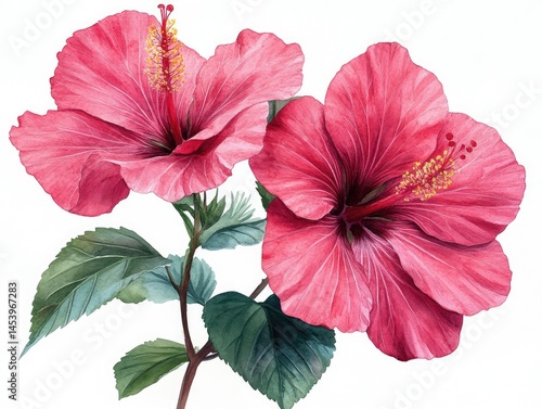 Fototapeta Naklejka Na Ścianę i Meble -  Two vibrant pink hibiscus flowers with lush green leaves