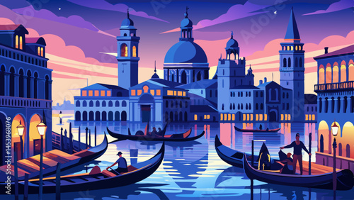 A painting of a city with a church in the background. The sky is blue and the water is calm