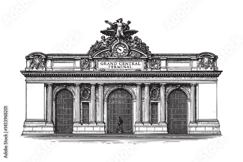 Central Station, New York woodcut engraving vector illustration