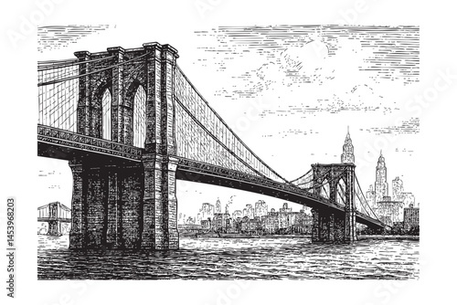 Brooklyn Bridge woodcut engraving vector illustration