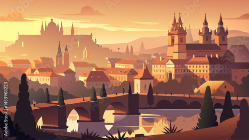 A painting of a city with a church in the background. The sky is blue and the water is calm