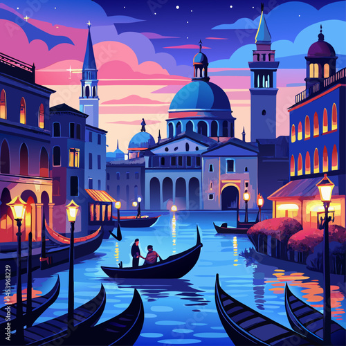 A painting of a city with a church in the background. The sky is blue and the water is calm