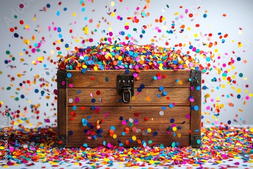Colorful confetti bursts from wooden treasure chest