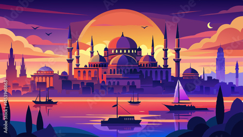 A beautiful city with a large building in the background and a boat in the foreground. The sky is filled with clouds and the sun is setting