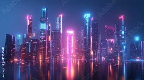 3D render of futuristic cityscape with towering neon-lit skyscrapers reflecting in a dark water surface.