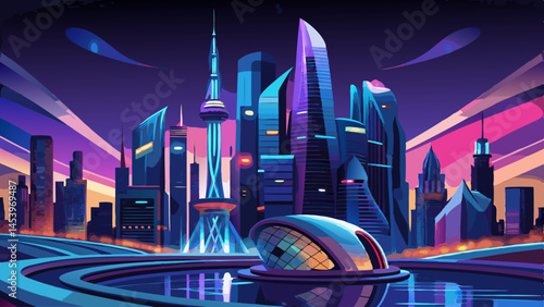 A cityscape with a large building in the middle and a bridge in the background. The sky is dark and the city is lit up at night