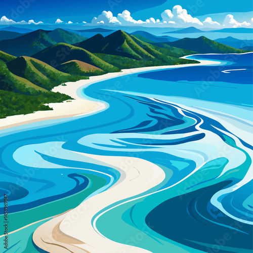 A beautiful blue river with mountains in the background. The water is calm and peaceful. The mountains are covered in lush green trees, and the beach is sandy and inviting