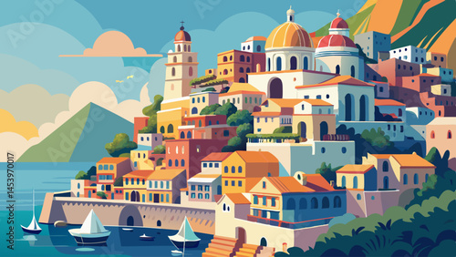 A colorful cityscape with a church in the middle. The buildings are painted in bright colors and the sky is cloudy