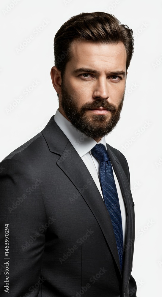 Portrait of a man with a beard wearing a suit and tie against a white background in studio shot Portrait of a man with a beard wearing a suit and tie against a white background in studio shot