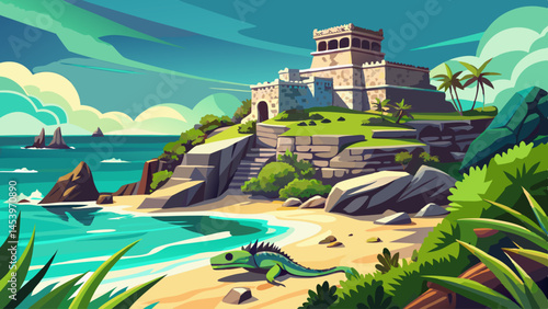 A beautiful beach with a large castle in the background. A small lizard is laying on the sand near the water