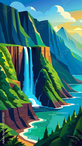 A beautiful mountain landscape with a waterfall and a beach. The mountains are lush and green, and the waterfall is a stunning sight. The scene is peaceful and serene, with the ocean in the background
