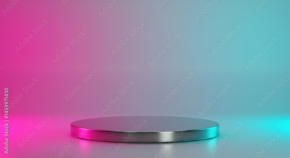 Clean modern studio scene featuring a low polished silver cylindrical podium softly lit with vibrant magenta and cyan light sources. Product display background. Clean modern studio scene featuring a low polished silver cylindrical podium softly lit with vibrant magenta and cyan light sources. Product display background.