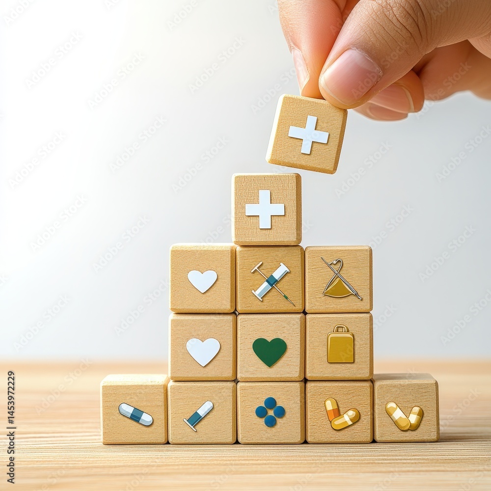 Obraz premium A hand places a puzzle piece atop a tower of wooden blocks displaying medical symbols like hearts, pills, and crosses, representing healthcare concepts